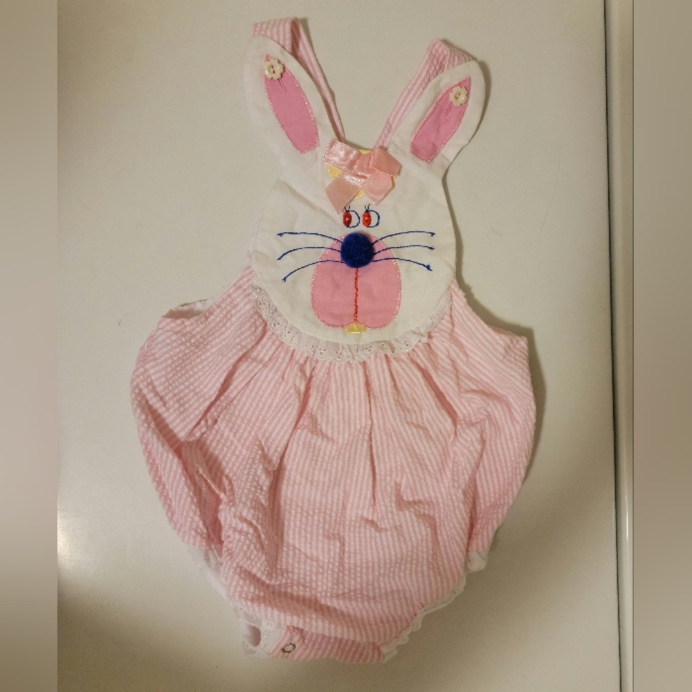 80s Pink Bubble Romper Overalls Easter Bunny Rabbit Infant Girls 12 - 18 mo.